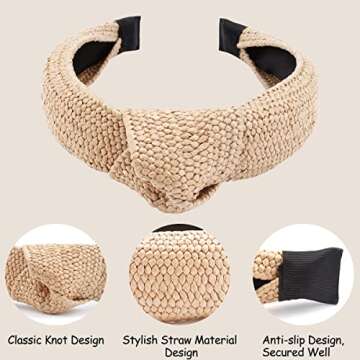 TOBATOBA Straw Headbands - 3pcs Top Knot, Summer Boho Woven No Slip Raffia Rattan