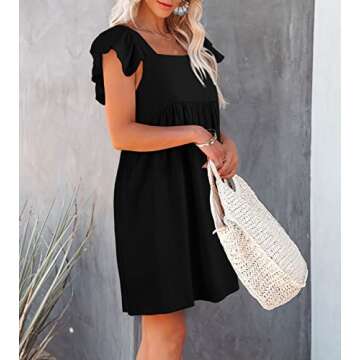 JayGate Women's Square Neck Ruffle Sleeve Mini Dress Swing Babydoll Loose Fit Casual Short Tank Dresses Black