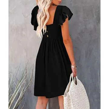 JayGate Women's Square Neck Ruffle Sleeve Mini Dress Swing Babydoll Loose Fit Casual Short Tank Dresses Black