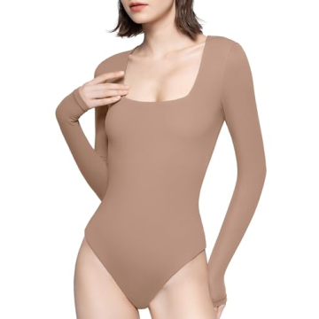 PUMIEY Body Suits for Women Long Sleeve T Shirt Tops Slim Fit Sexy Square Neck Body Suits, Taffy Med...