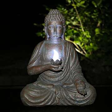 CHRUI Solar Outdoor Buddha Statue, 13 Inch Antique Thai Shakyamuni Sitting Statue Resin- Home & Outd...