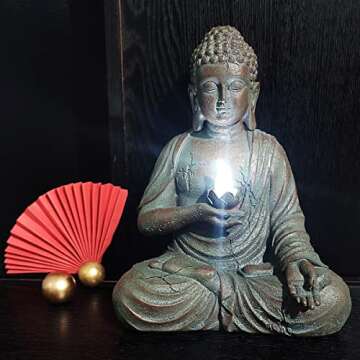 CHRUI Solar Outdoor Buddha Statue, 13 Inch Antique Thai Shakyamuni Sitting Statue Resin- Home & Outdoor Decor for Garden, Patio, Deck, Porch - Yard Art Decoration