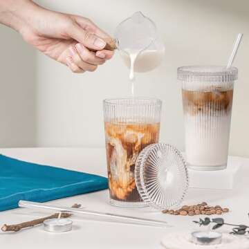 Combler Glass Cups with Lids and Straws, 12 oz Iced Coffee Cup for Coffee Bar Accessories, Ribbed Gl...