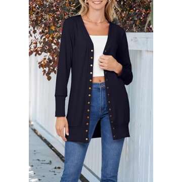 MEROKEETY Women's 2024 Fall Long Sleeve Snap Button Down Solid Color Knit Ribbed Neckline Cardigans Black