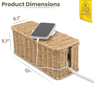 Cantalop Handmade Cable Management Box, Durable Rattan Cable Organizer, 2 Open Slots Cords Hider Box, Under Desk Cord Organizer for TV Wires Computer Router USB Hub & Power Strip, Patent Pending