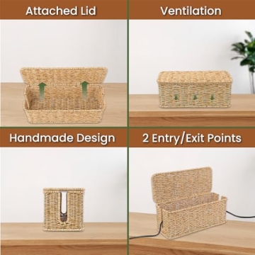 Cantalop Handmade Cable Management Box, Durable Rattan Cable Organizer, 2 Open Slots Cords Hider Box, Under Desk Cord Organizer for TV Wires Computer Router USB Hub & Power Strip, Patent Pending