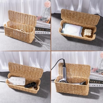 Cantalop Handmade Cable Management Box, Durable Rattan Cable Organizer, 2 Open Slots Cords Hider Box, Under Desk Cord Organizer for TV Wires Computer Router USB Hub & Power Strip, Patent Pending