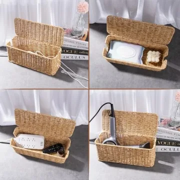 Cantalop Handmade Cable Management Box, Durable Rattan Cable Organizer, 2 Open Slots Cords Hider Box, Under Desk Cord Organizer for TV Wires Computer Router USB Hub & Power Strip, Patent Pending