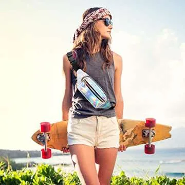 2 Pieces Fanny Pack Shiny Holographic Rave Cute Fanny Pack Waterproof Neon Waist Bags Adjustable for Women Festival Party Travel Hiking Outdoor Activities (Silver, Black, Medium)