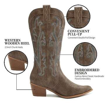 Athlefit Cowboy Boots for Women Western Cowgirl Boots Fashion Embroidered Pointed Toe Chunky Heel Bl...
