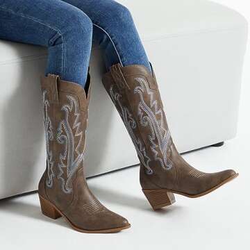 Athlefit Cowboy Boots for Women Western Cowgirl Boots Fashion Embroidered Pointed Toe Chunky Heel Black Mid Calf Boots Size 11