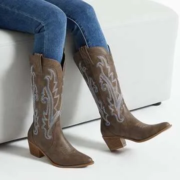 Athlefit Cowboy Boots for Women Western Cowgirl Boots Fashion Embroidered Pointed Toe Chunky Heel Black Mid Calf Boots Size 11