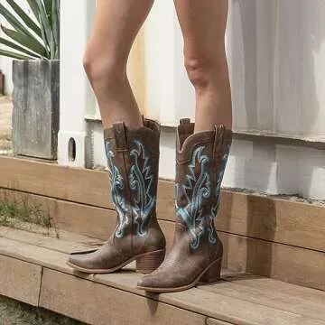 Athlefit Cowboy Boots for Women Western Cowgirl Boots Fashion Embroidered Pointed Toe Chunky Heel Black Mid Calf Boots Size 11