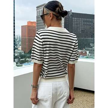 Floerns Women's Striped Print Short Sleeve Collar Neck Knitted Casual Tee Shirt Black and White S