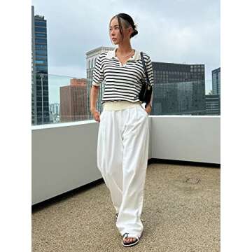 Floerns Women's Striped Print Short Sleeve Collar Neck Knitted Casual Tee Shirt Black and White S