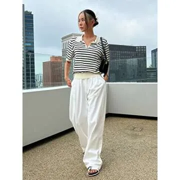 Floerns Women's Striped Print Short Sleeve Collar Neck Knitted Casual Tee Shirt Black and White S