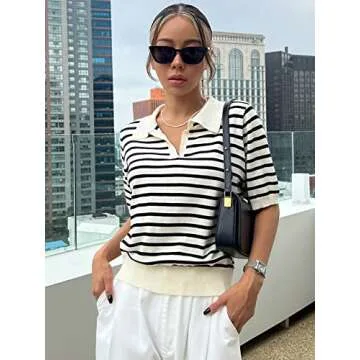 Floerns Women's Striped Print Short Sleeve Collar Neck Knitted Casual Tee Shirt Black and White S