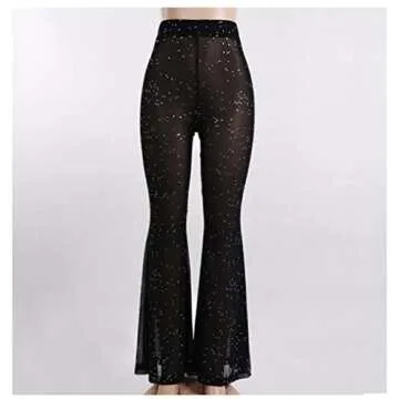 Women's Rave Sheer Mesh Sparkly Pants Bell Bottom Rave Outfit Clothes for Festival Dance Clubwear Black