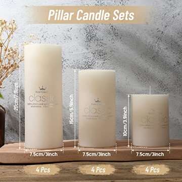 Sumind Set of 12 Poured Pillar Candles 3"x 4", 6", 8" Dripless Unscented Long Clean Burning Rustic C...