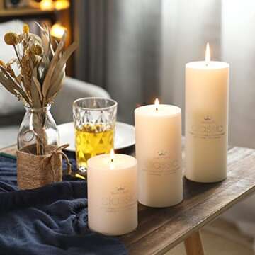 Sumind Set of 12 Poured Pillar Candles 3"x 4", 6", 8" Dripless Unscented Long Clean Burning Rustic Country Style for Wedding, Christmas, Home Decor, Relaxation, All Occasions(Ivory White)