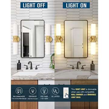 Emak Gold Vanity Lights for Mirror, 2 Light Bathroom Light Fixtures Over Mirror, Modern 22 Inch Wall Sconces with Milk Glass Shade for Bathroom, Bedroom, Hallway, VL085-GD-ML-2