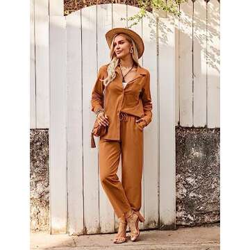 Zeagoo Women Linen Suit Two Piece Outfits Summer Beach Linen Shirt and Pants Set