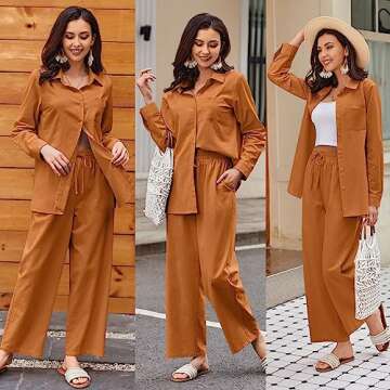 Zeagoo Women Linen Suit Two Piece Outfits Summer Beach Linen Shirt and Pants Set