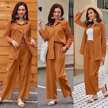 Zeagoo Women Linen Suit Two Piece Outfits Summer Beach Linen Shirt and Pants Set