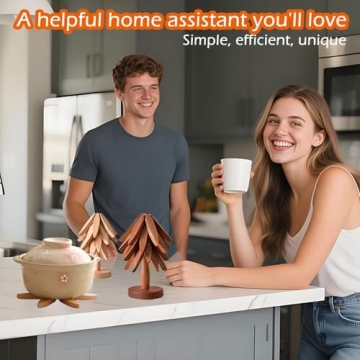 JILITSE Wooden Tree Trivets for Hot Dishes - Set of 3 with Stand, Natural Foldable Kitchen Trivets f...