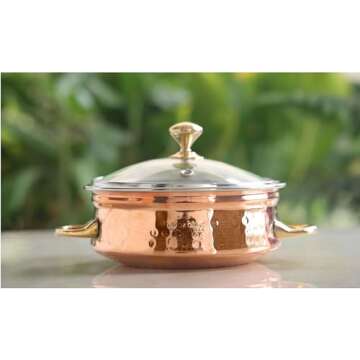 IndianArtVilla Steel Copper Handi Bowl with Brass Handle & Glass Lid, Serving Indian Dishes, 10 OZ