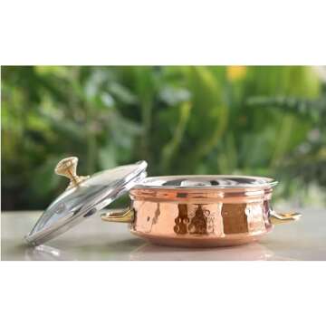 IndianArtVilla Steel Copper Handi Bowl with Brass Handle & Glass Lid, Serving Indian Dishes, 10 OZ