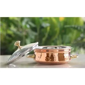 IndianArtVilla Steel Copper Handi Bowl with Brass Handle & Glass Lid, Serving Indian Dishes, 10 OZ