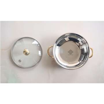 IndianArtVilla Steel Copper Handi Bowl with Brass Handle & Glass Lid, Serving Indian Dishes, 10 OZ