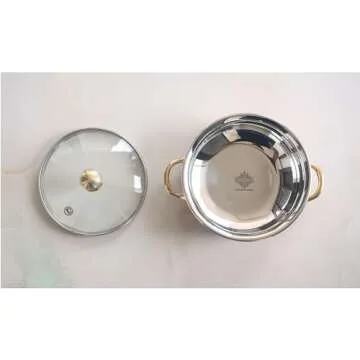 IndianArtVilla Steel Copper Handi Bowl with Brass Handle & Glass Lid, Serving Indian Dishes, 10 OZ