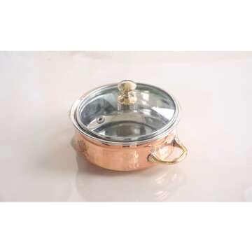 IndianArtVilla Steel Copper Handi Bowl with Brass Handle & Glass Lid, Serving Indian Dishes, 10 OZ