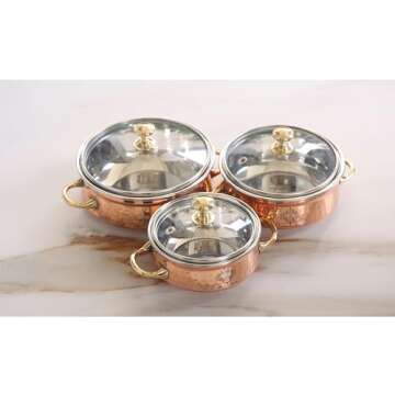 IndianArtVilla Steel Copper Handi Bowl with Brass Handle & Glass Lid, Serving Indian Dishes, 10 OZ