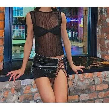 NOIGEFAY Women’s Fishnet Knit Glitter Crop Tank Top Sexy Sleeveless Summer Going Out Party Y2K Cropped Vest Tops Black