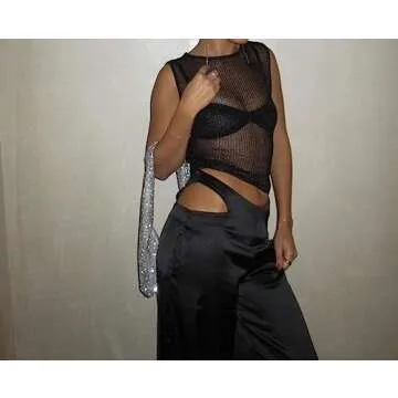 NOIGEFAY Women’s Fishnet Knit Glitter Crop Tank Top Sexy Sleeveless Summer Going Out Party Y2K Cropped Vest Tops Black