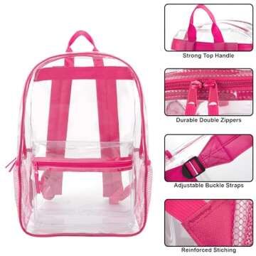 Clear Backpack Heavy Duty Transparent Bookbag for Kids, Boys, Girls, School, Travel, Stadium Approved (Pink)