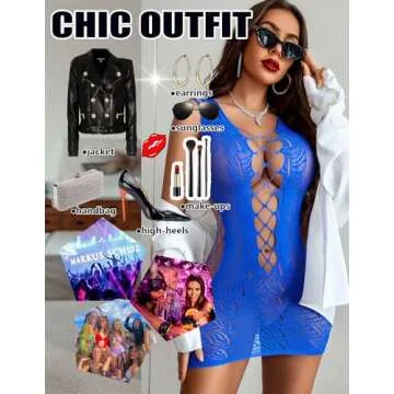 Avidlove Womens Lingerie Hollow Out Cover Up Sun Dresses Mesh Dress One Size Cutout Fishnet Knit Bodycon Mini Dress Club Outfits(Blue, One Size