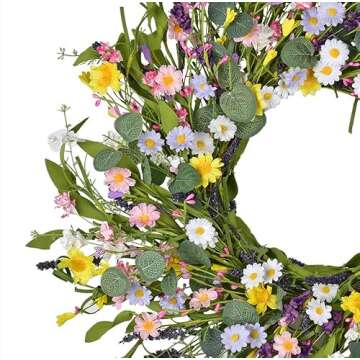 LSKYTOP Artificial Daisy Flower Wreath - 23Inch Wildflower Spring Floral Wreath Fake Flower Wreath Spring/Summer Wreath for Front Door Home Decor