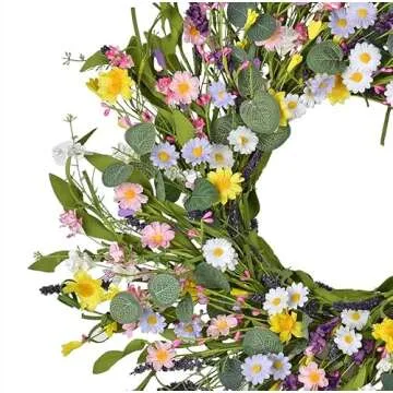 LSKYTOP Artificial Daisy Flower Wreath - 23Inch Wildflower Spring Floral Wreath Fake Flower Wreath Spring/Summer Wreath for Front Door Home Decor