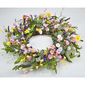 LSKYTOP Artificial Daisy Flower Wreath - 23Inch Wildflower Spring Floral Wreath Fake Flower Wreath Spring/Summer Wreath for Front Door Home Decor