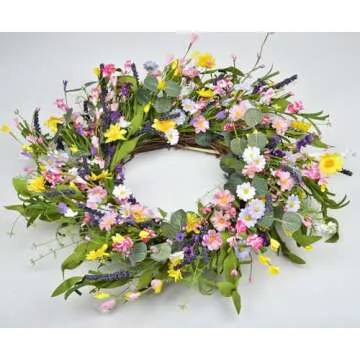 LSKYTOP Artificial Daisy Flower Wreath - 23Inch Wildflower Spring Floral Wreath Fake Flower Wreath Spring/Summer Wreath for Front Door Home Decor