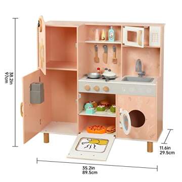 Bruvoalon Wooden Play Kitchen Toy Set for Kids, with Realistic Design, Sink with Faucet, Oven, Microwave, Utensils, Kitchenware Play Food Set Accessories, Birthday Gifts for Toddlers Boys Girls (Pink)