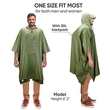 PTEROMY Hooded Rain Poncho for Adult with Pocket, Waterproof Lightweight Unisex Raincoat for Hiking Camping Emergency (Green)