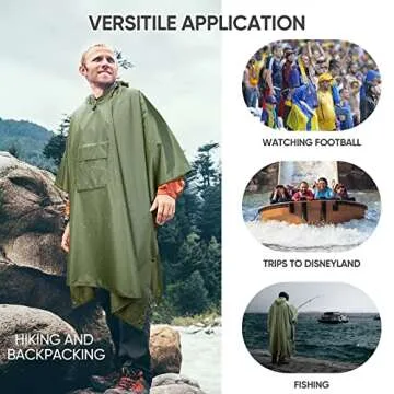 PTEROMY Hooded Rain Poncho for Adult with Pocket, Waterproof Lightweight Unisex Raincoat for Hiking Camping Emergency (Green)