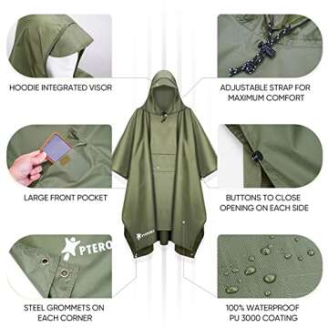 PTEROMY Hooded Rain Poncho for Adult with Pocket, Waterproof Lightweight Unisex Raincoat for Hiking Camping Emergency (Green)