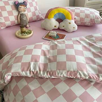 Wellboo Pink White Plaid Comforter Sets Full Women Men Bean Pink and White Checkerboard Grid Bedding...