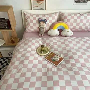 Wellboo Pink White Plaid Comforter Sets Full Women Men Bean Pink and White Checkerboard Grid Bedding Comforters Cotton Boys Girls Modern Dusty Pink Checkered Geometric Quilts Luxury Abstract Bed